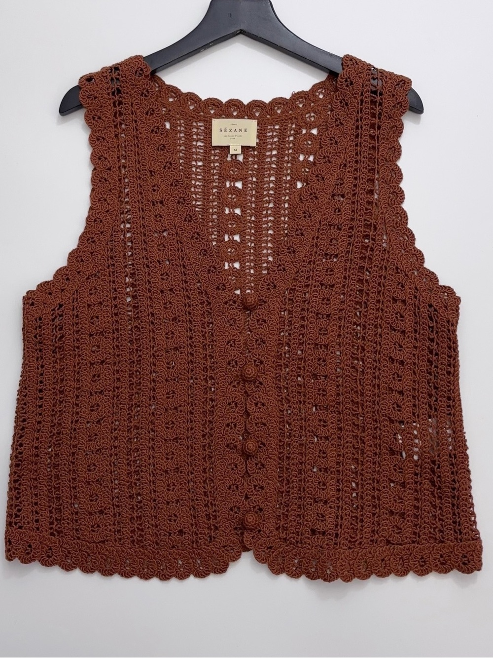 Sezane PALMINA BLOUSE Crochet Button-Front Knit Tank Top, L - Picture 4 of 7